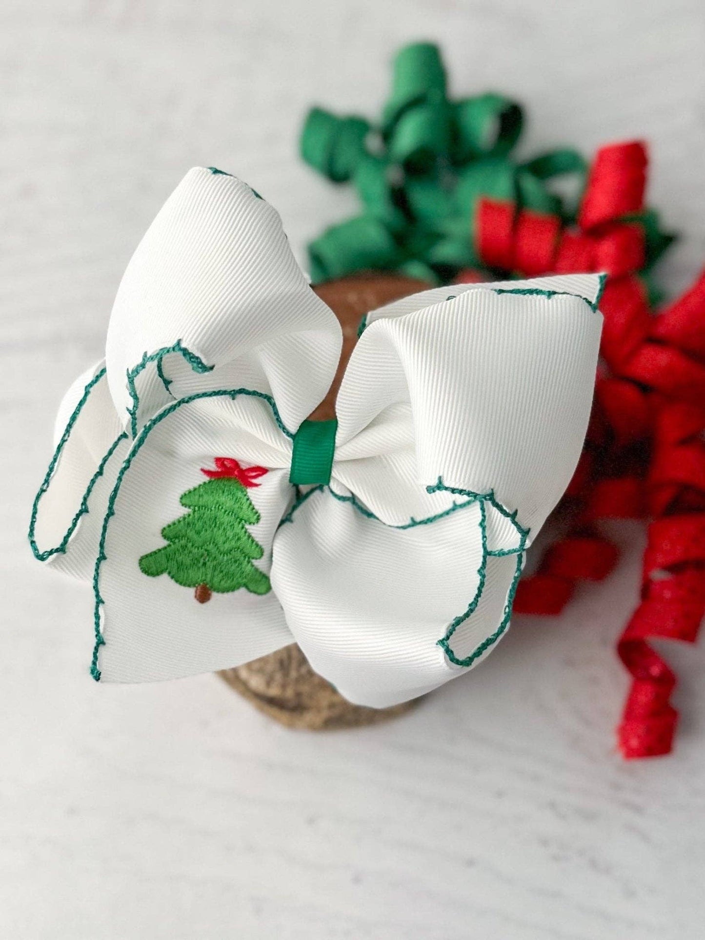 The Hair Bow Company - Christmas Tree Embroidered Hair Bow | Clip or Headband