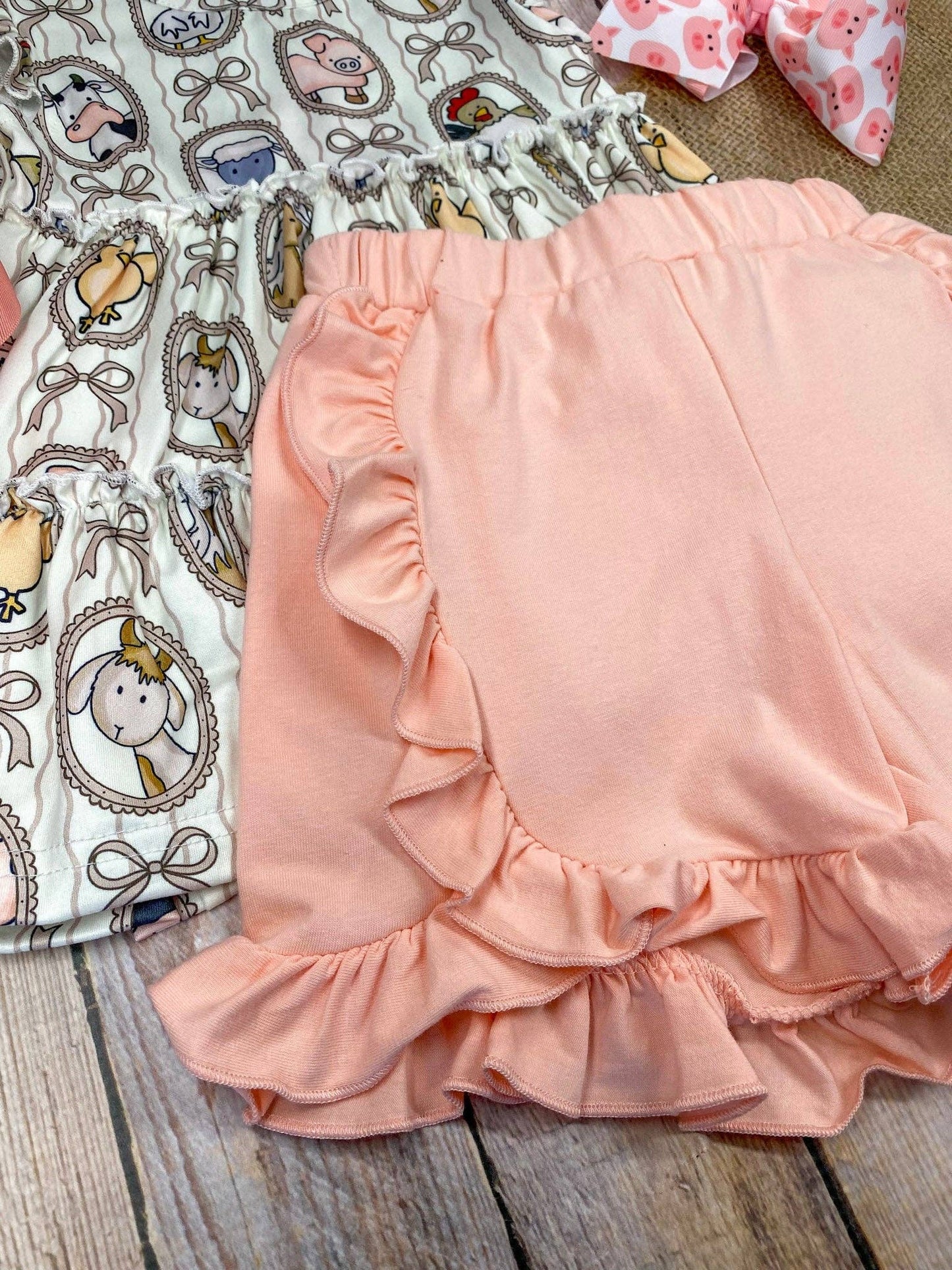 Farm Friends Cameo Two-Piece Set | Girls Farm Animal Top & Ruffle Shorts Set