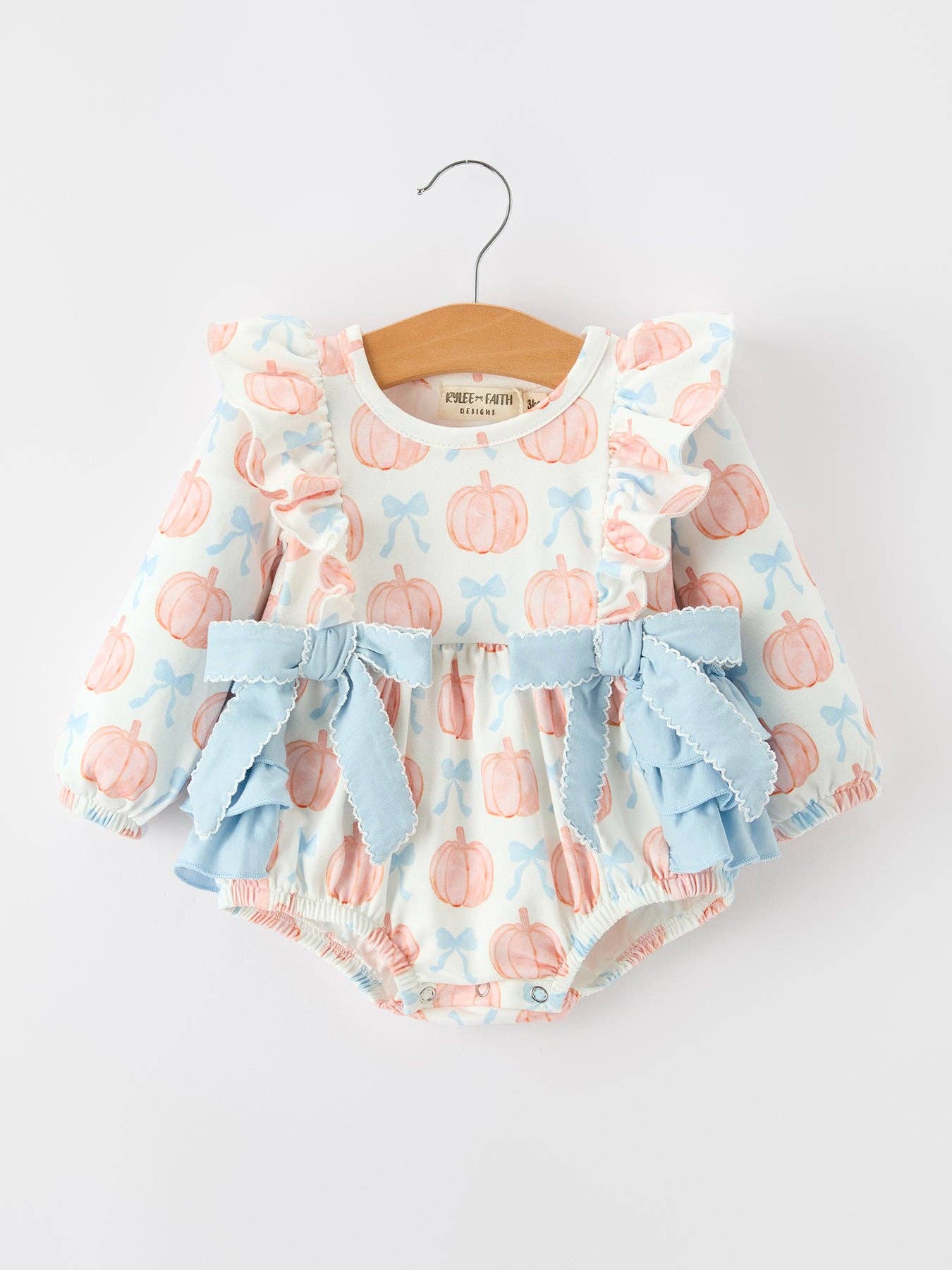 Rylee Faith Designs - Halloween Thanksgiving Baby Girls Pumpkin Bow Ruffle Bubble Romper