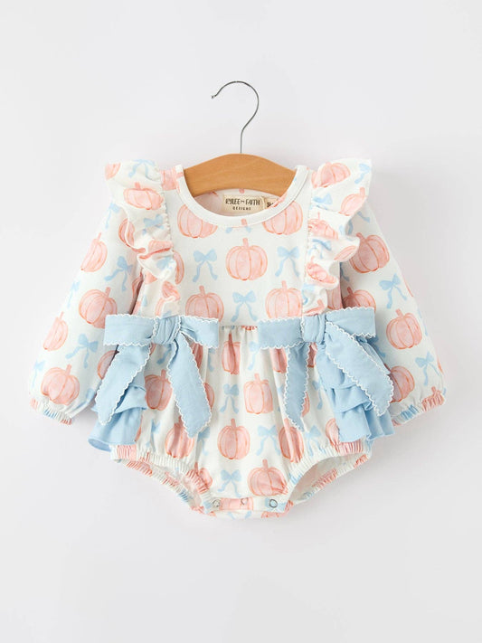 Rylee Faith Designs - Halloween Thanksgiving Baby Girls Pumpkin Bow Ruffle Bubble Romper