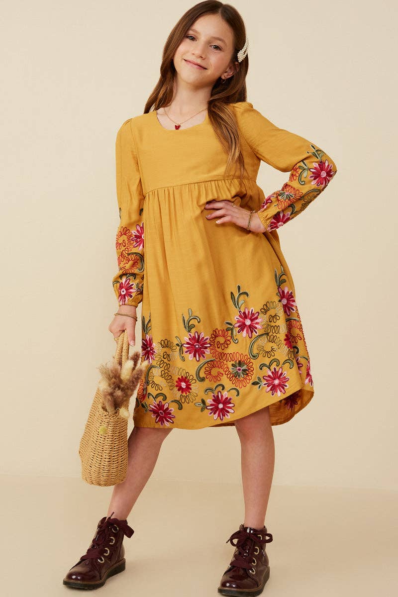 Hayden LA - Girls Embroidered Detail Long Sleeve Scoop Neck Dress