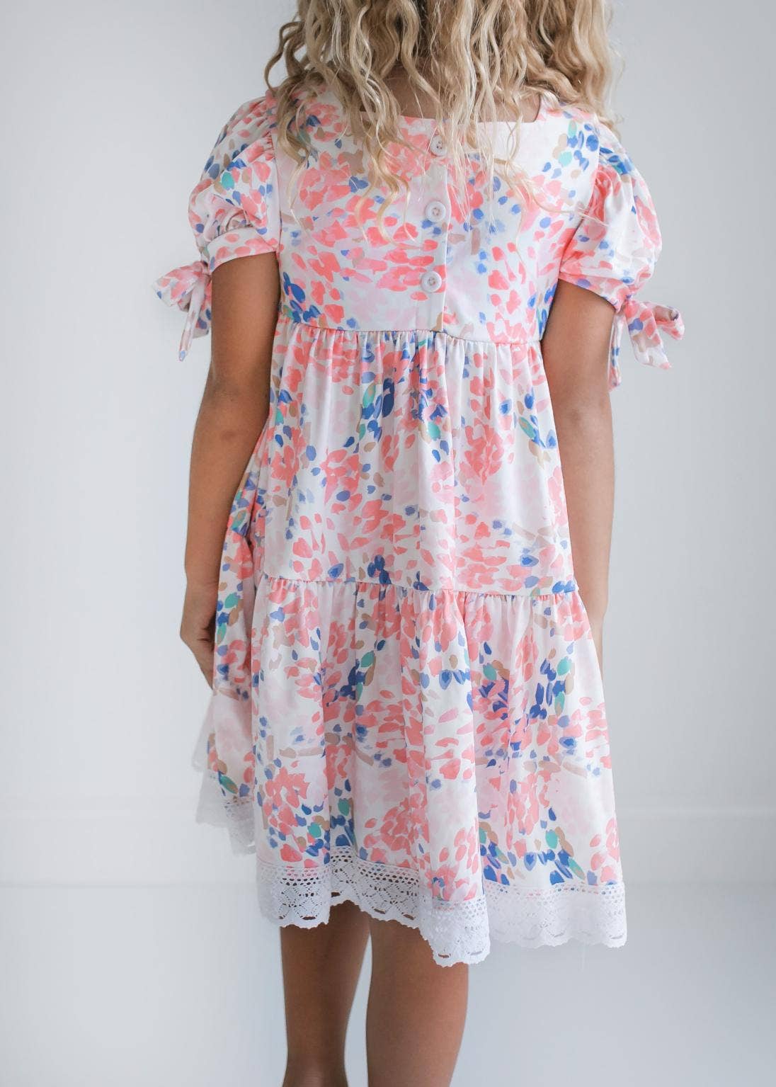 Kids Pink & Blue Lace Tiered Square Neck Spring Summer Dress