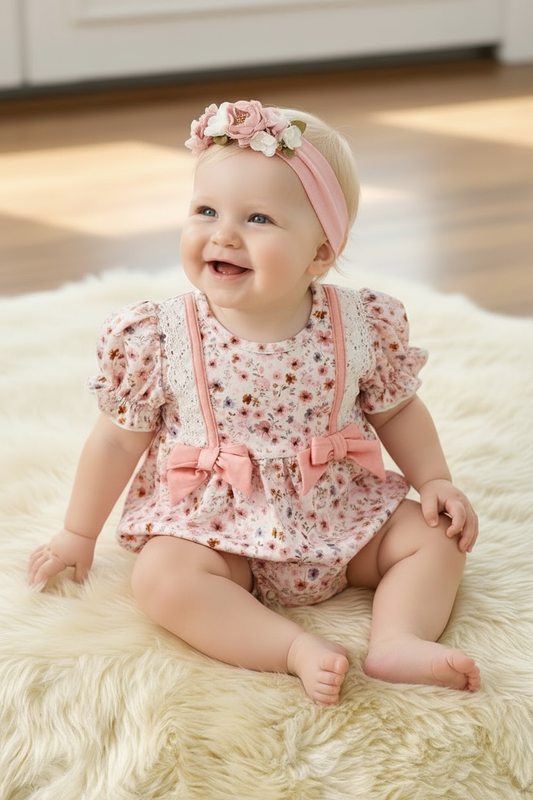 Multi-Color Ditsy floral baby romper with front bows & embroidery details