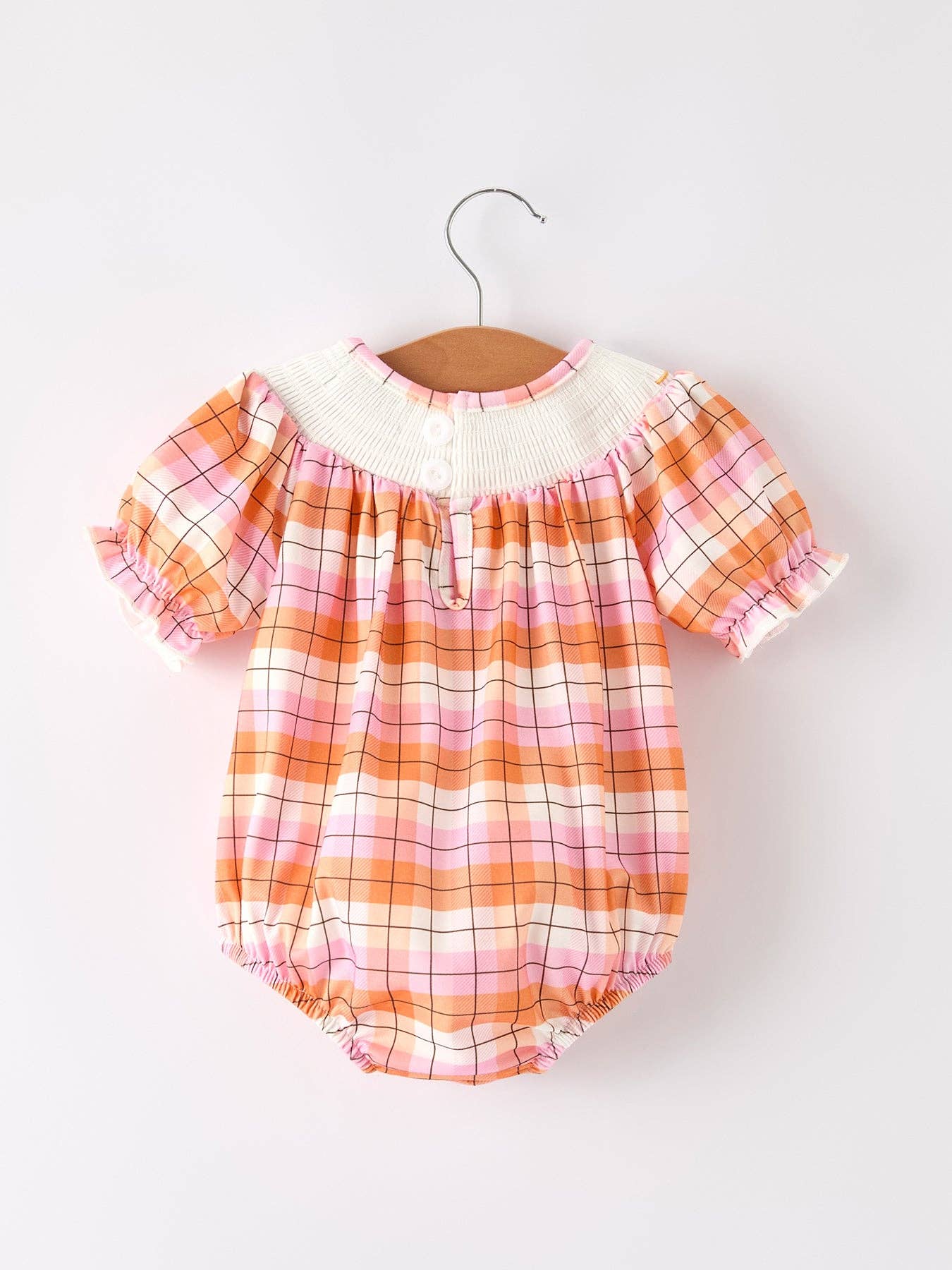 Rylee Faith Designs - Halloween Pumpkin Bow Ghost Smock Embroidered Plaid Girls Romper