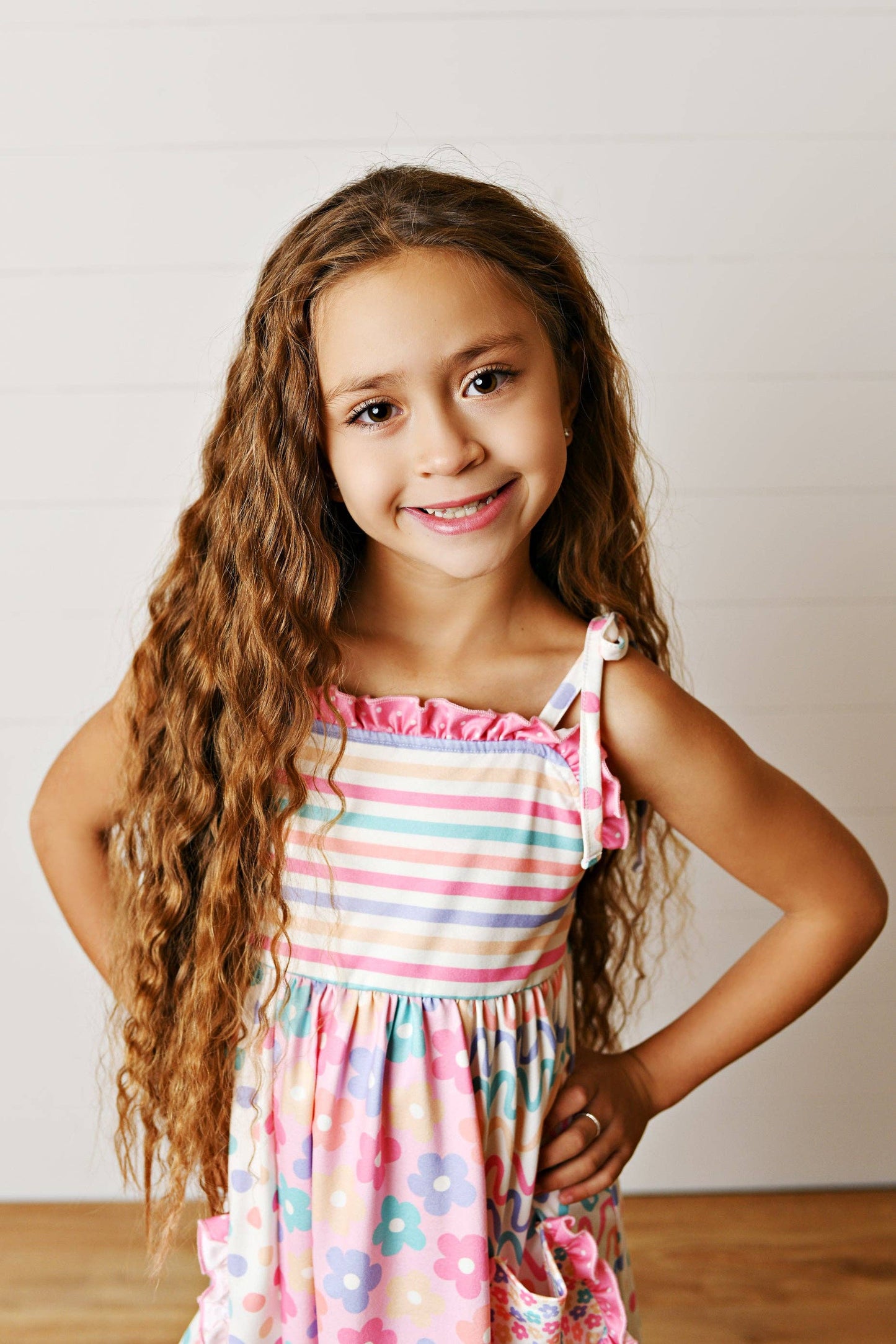 Girls Pink Blue Summer Floral Panel Tie Dress