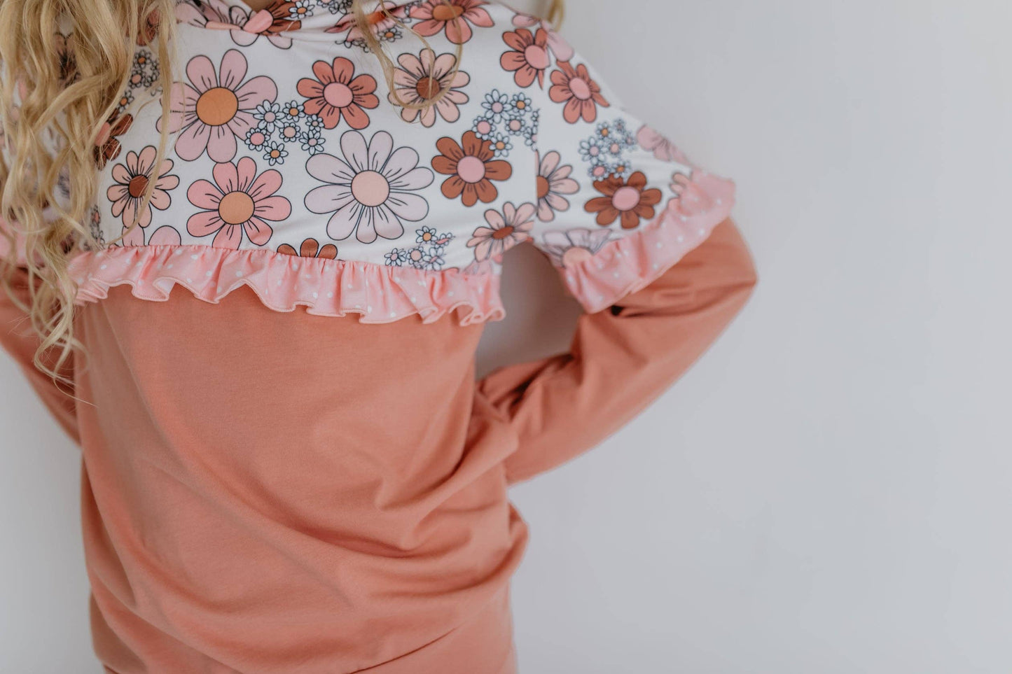 Girls Desert Tan Retro Flower Ruffle Hoodie Lounge Set