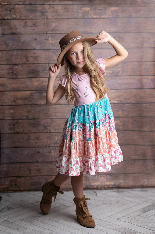 Girls Pink Blue Cowgirl Ruffle Tiered Summer Spring Dress