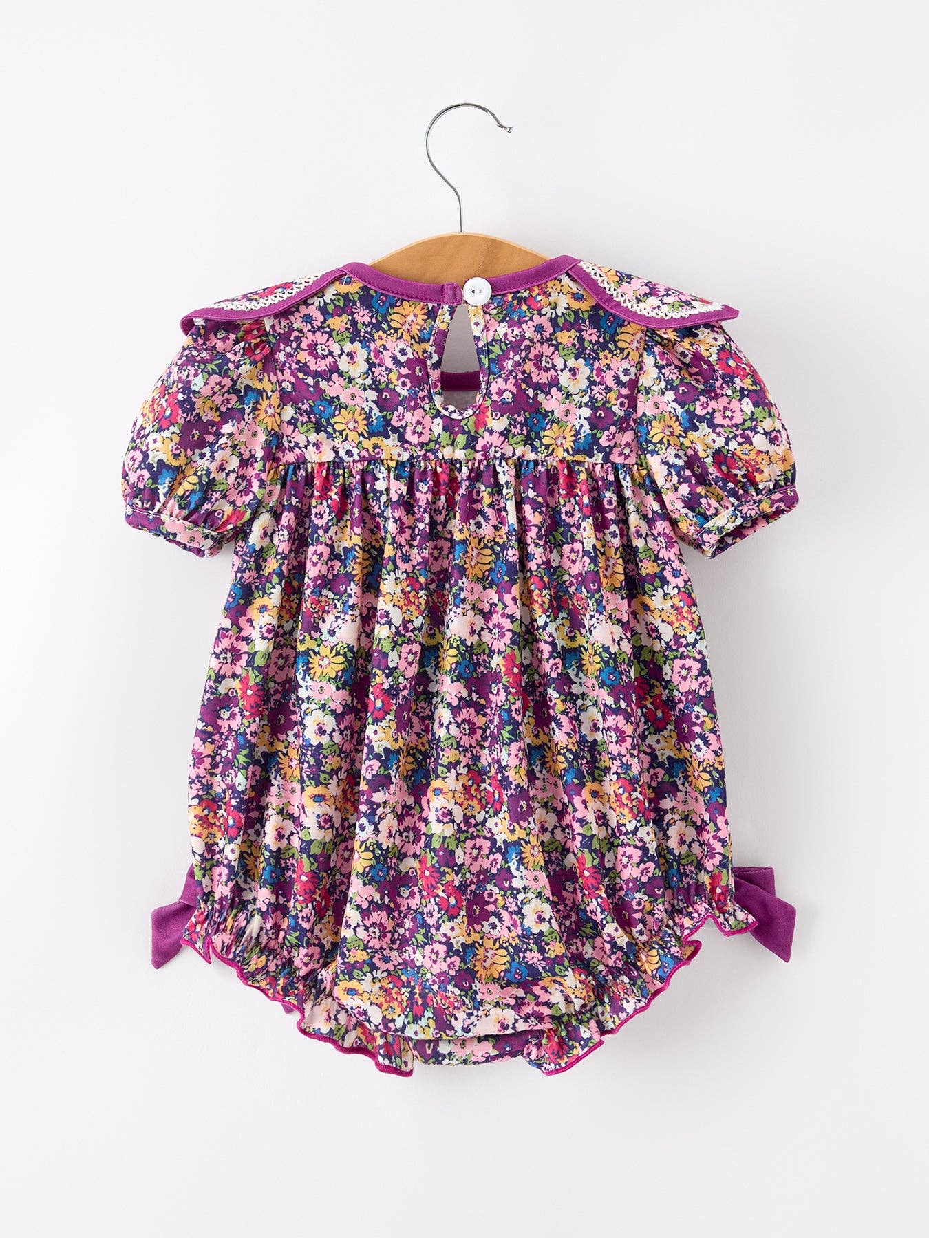 Rylee Faith Designs - Purple Floral Bow Petals Collar Girls Romper