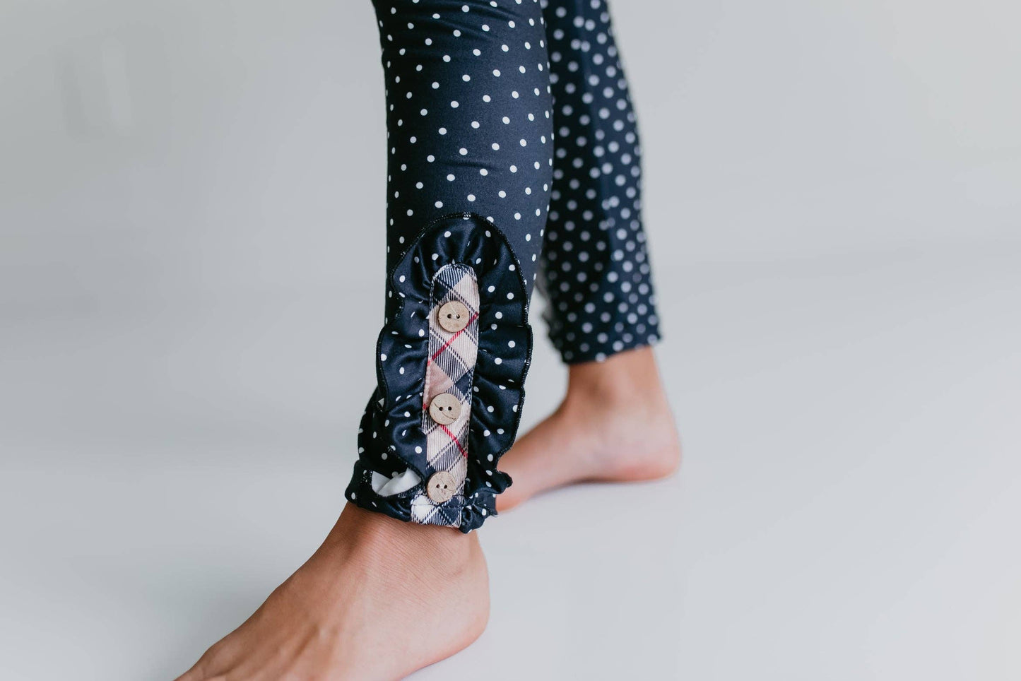 Adorable Sweetness - Girls Tan Plaid & Polka Dot Ruffle Pocket Button Legging Set