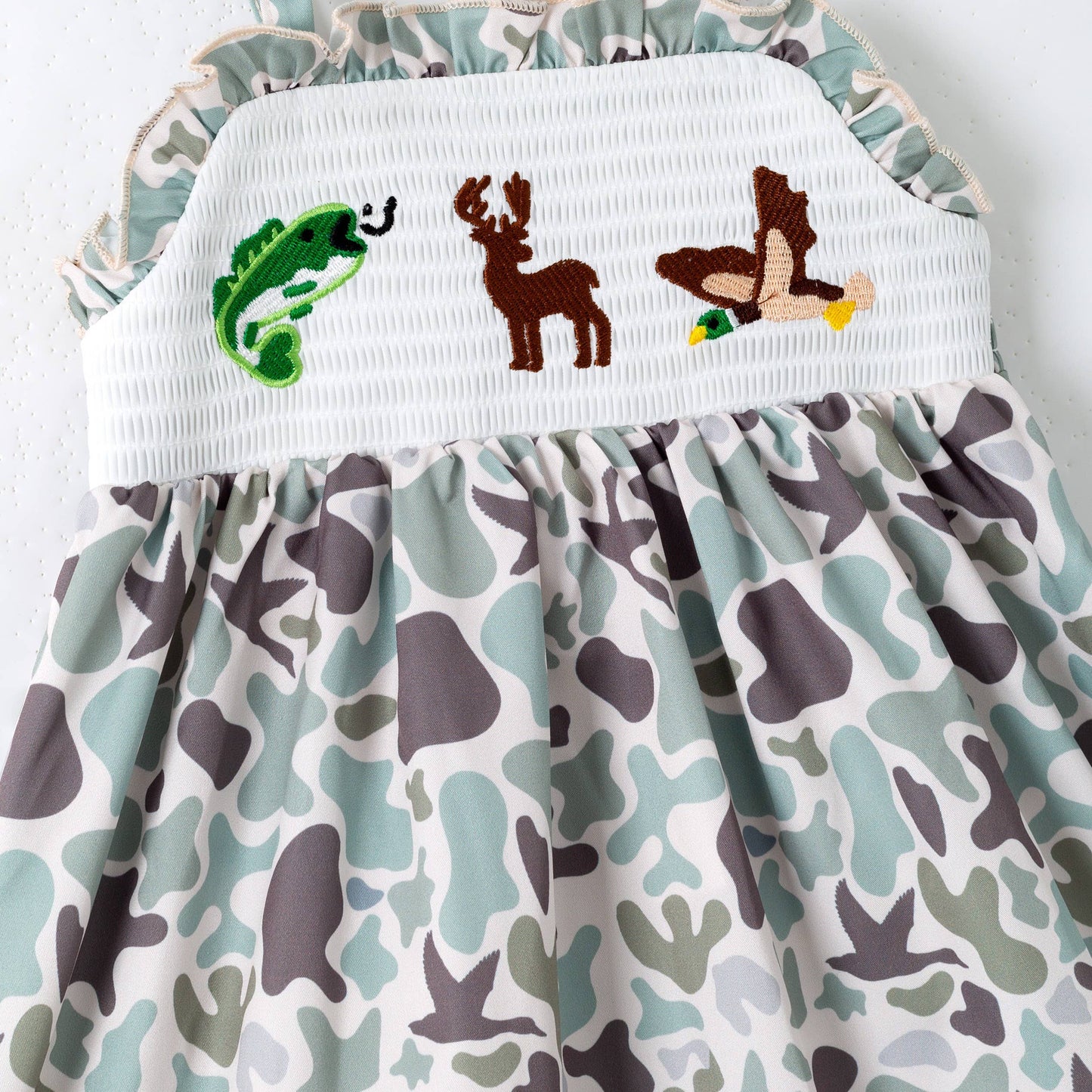 Clover Cottage - Muted Camo Smocked Girls Dress