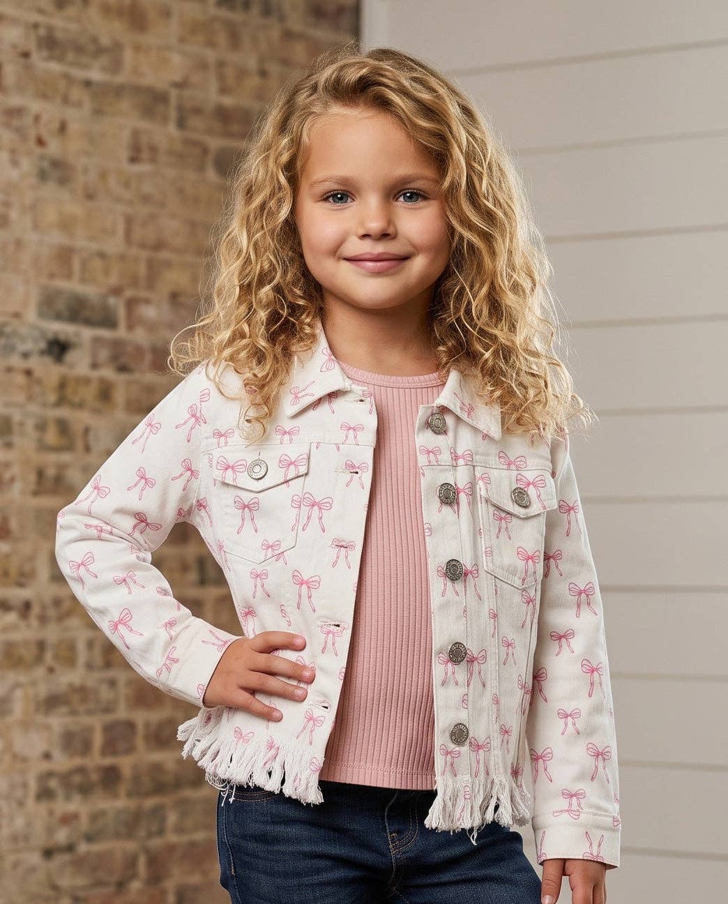 Kids Coquette Pink Bow White  Denim Jacket