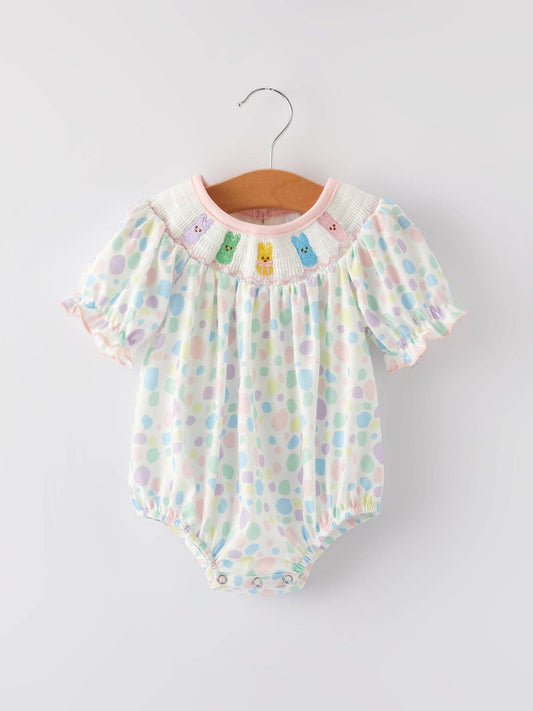 Rylee Faith Designs - Easter Smocking Embroidery Colorful Polka Dot Romper