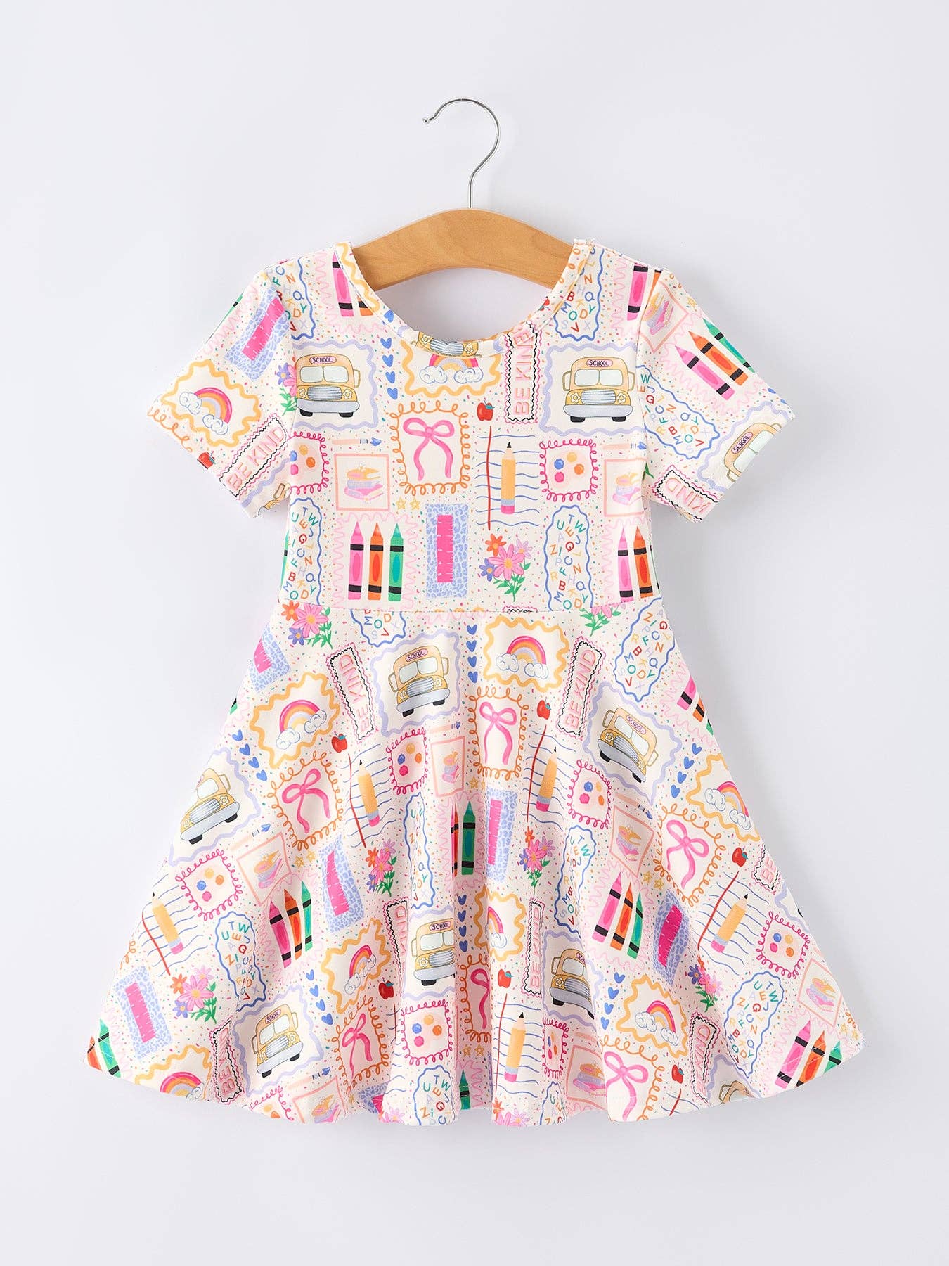 Rylee Faith Designs - Back to School Rainbow Print Girls Dress Short Sleeve