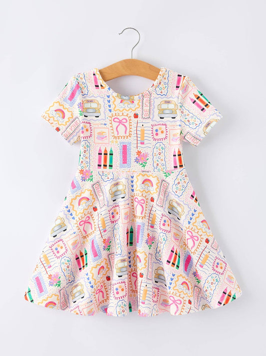 Rylee Faith Designs - Back to School Rainbow Print Girls Dress Short Sleeve