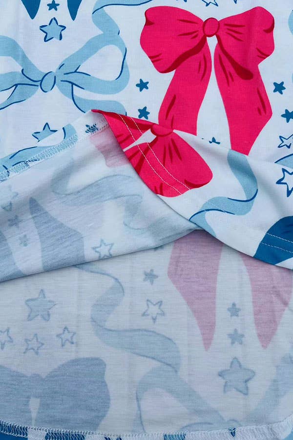 Blue & pink bows printed short sleeve girls dress