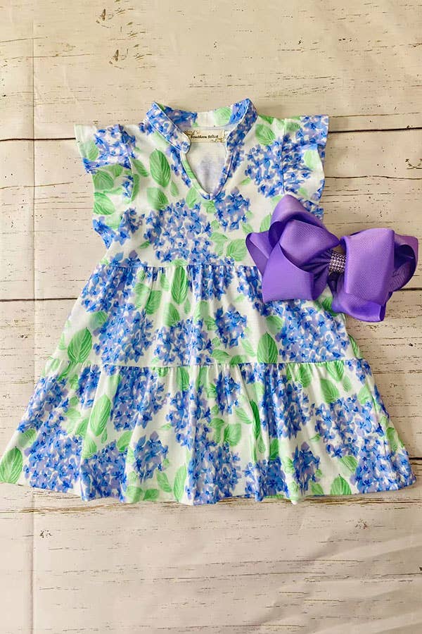 Green & blue floral flutter sleeves girls dress