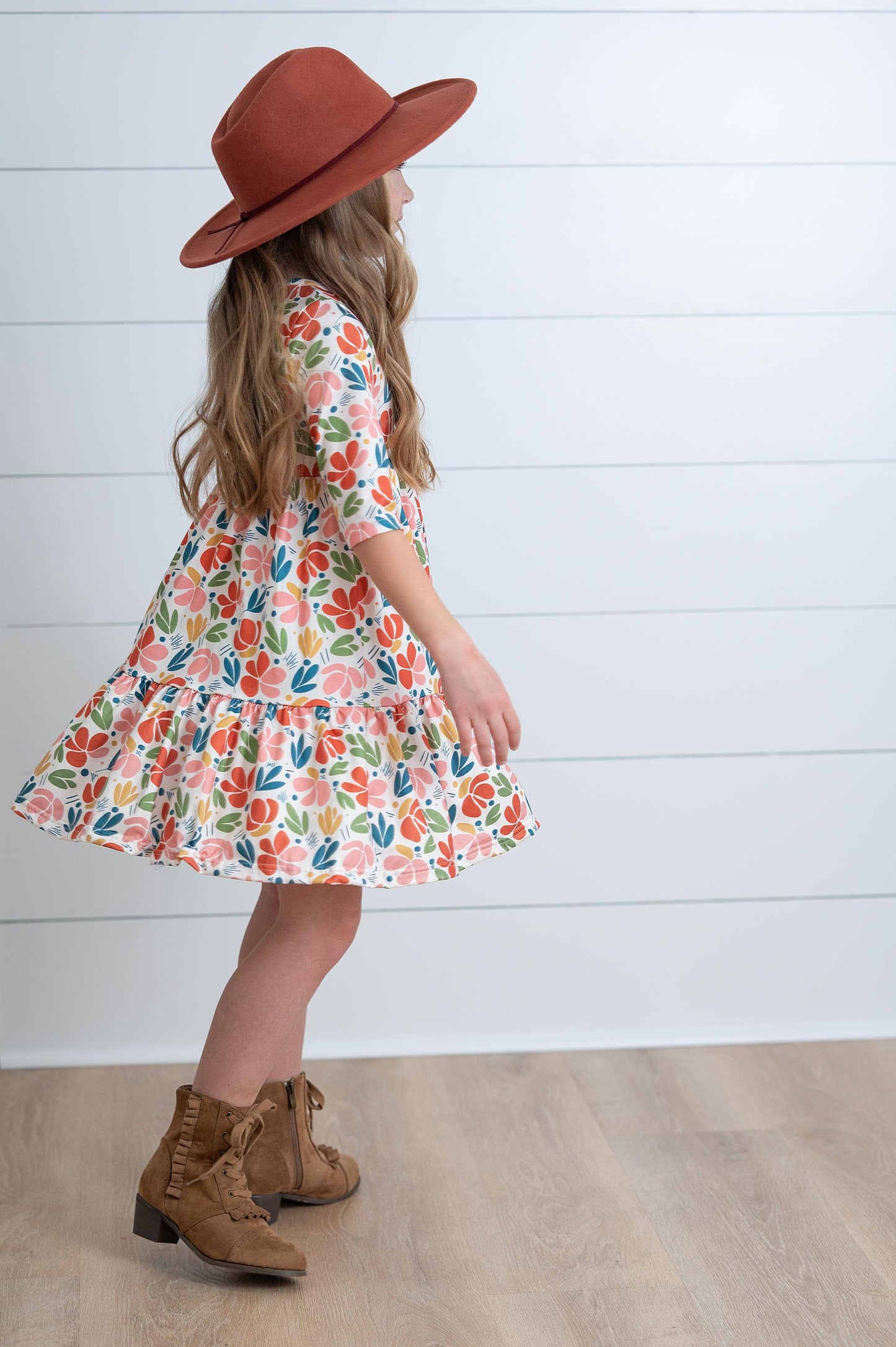 Oopsie Daisy - Girls Emma Retro Rust Mod Fall Floral Tiered Twirl Dress