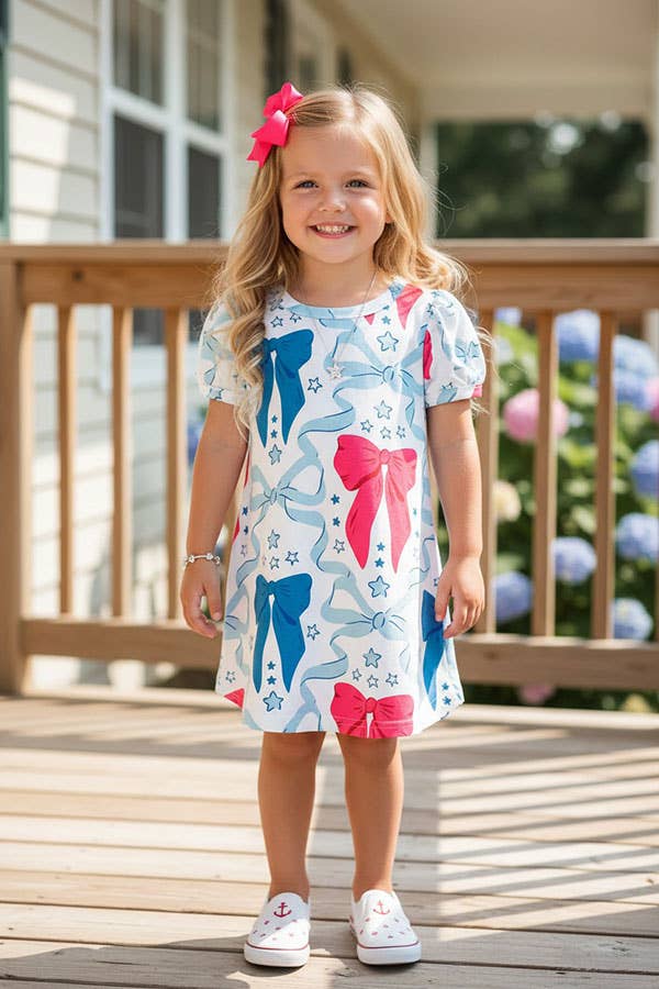 Blue & pink bows printed short sleeve girls dress
