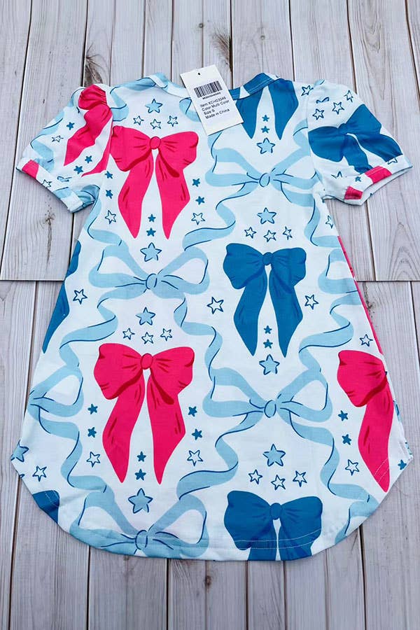 Blue & pink bows printed short sleeve girls dress