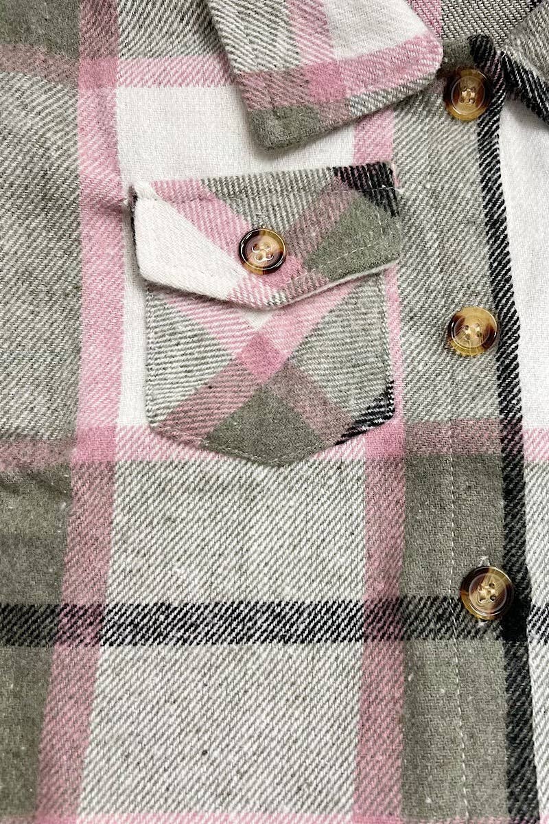 GRAY, PINK & BLACK PLAID PRINTED BUTTON UP SHIRT