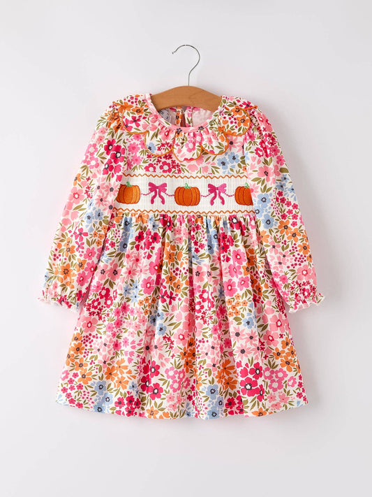 Halloween Pumpkin Bow Smock Embroidered Floral Dress