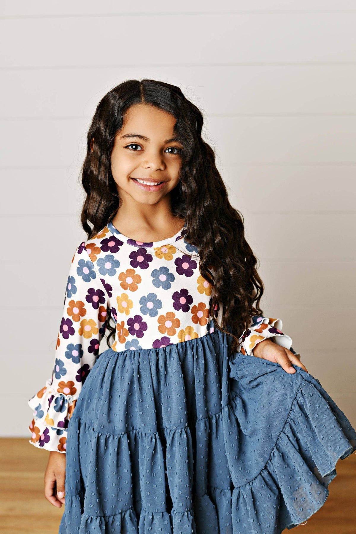 Girls Zoey Twilight Teal Floral Fall Winter Twirl Dress