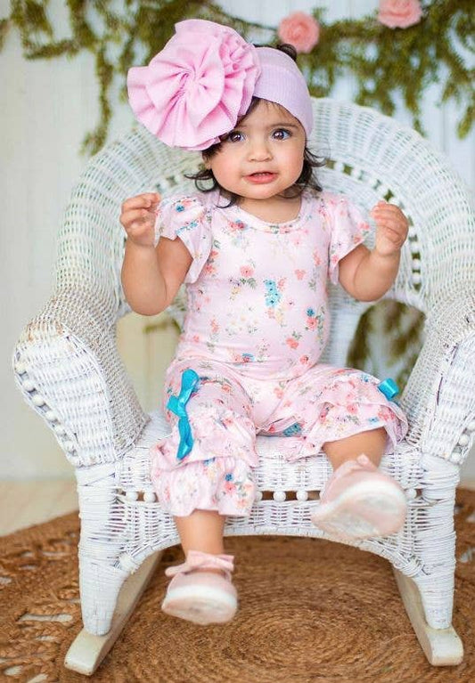 Peach Little Floral Ruffle Leg Romper