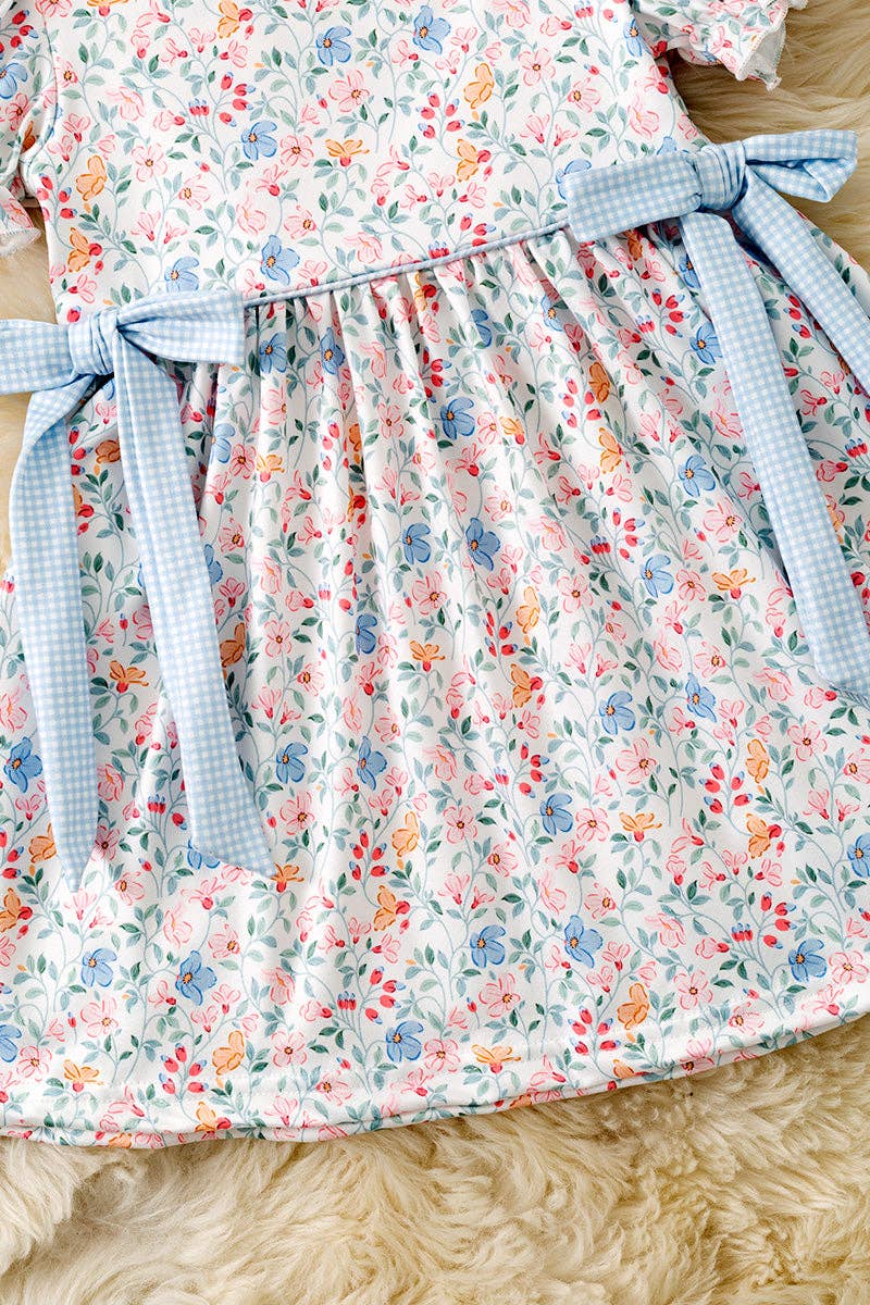 Blue & Coral Ditsy floral dress w/square neckline & side bows