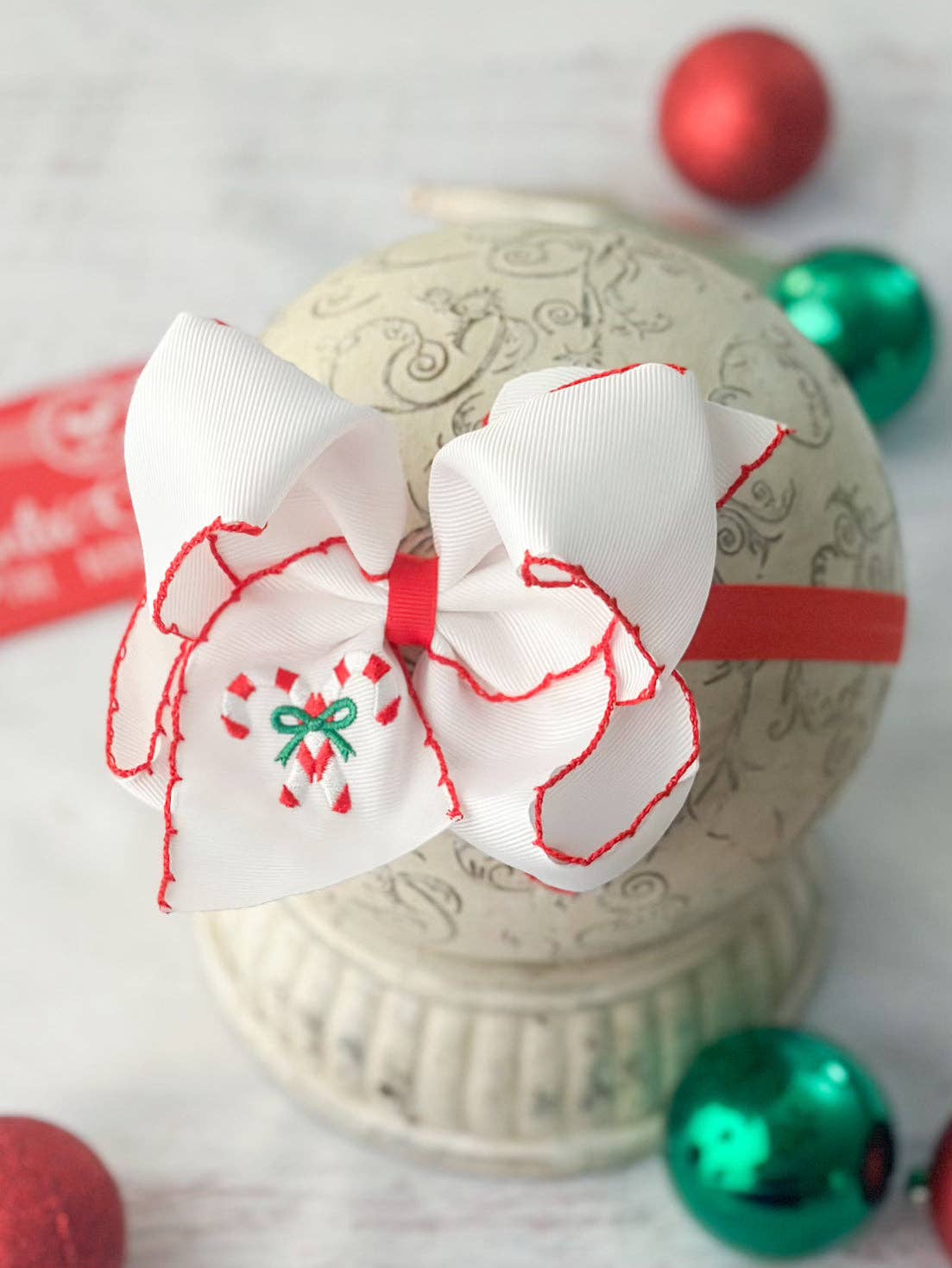 The Hair Bow Company - Candy Cane Embroidered Hair Bow | Clip or Headband
