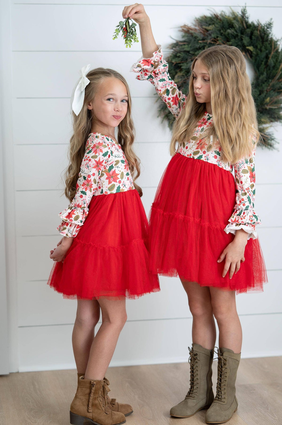 Girls Red Green Christmas Holiday Poinsettia Twirl Dress