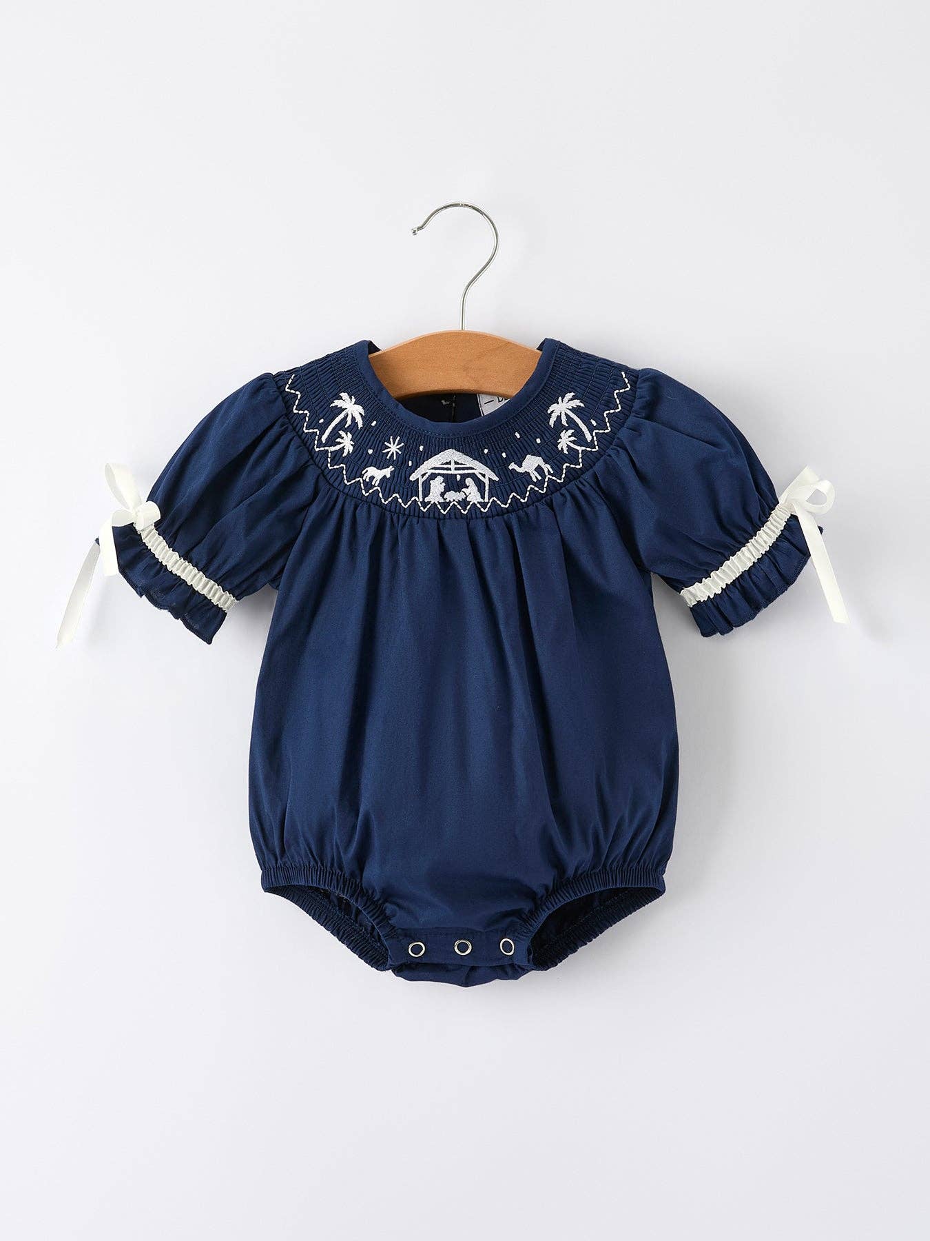 Rylee Faith Designs - Navy Blue Nativity Smocking Embroidered Baby Girls Christmas Romper