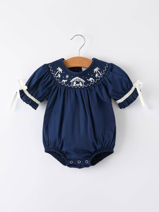 Rylee Faith Designs - Navy Blue Nativity Smocking Embroidered Baby Girls Christmas Romper