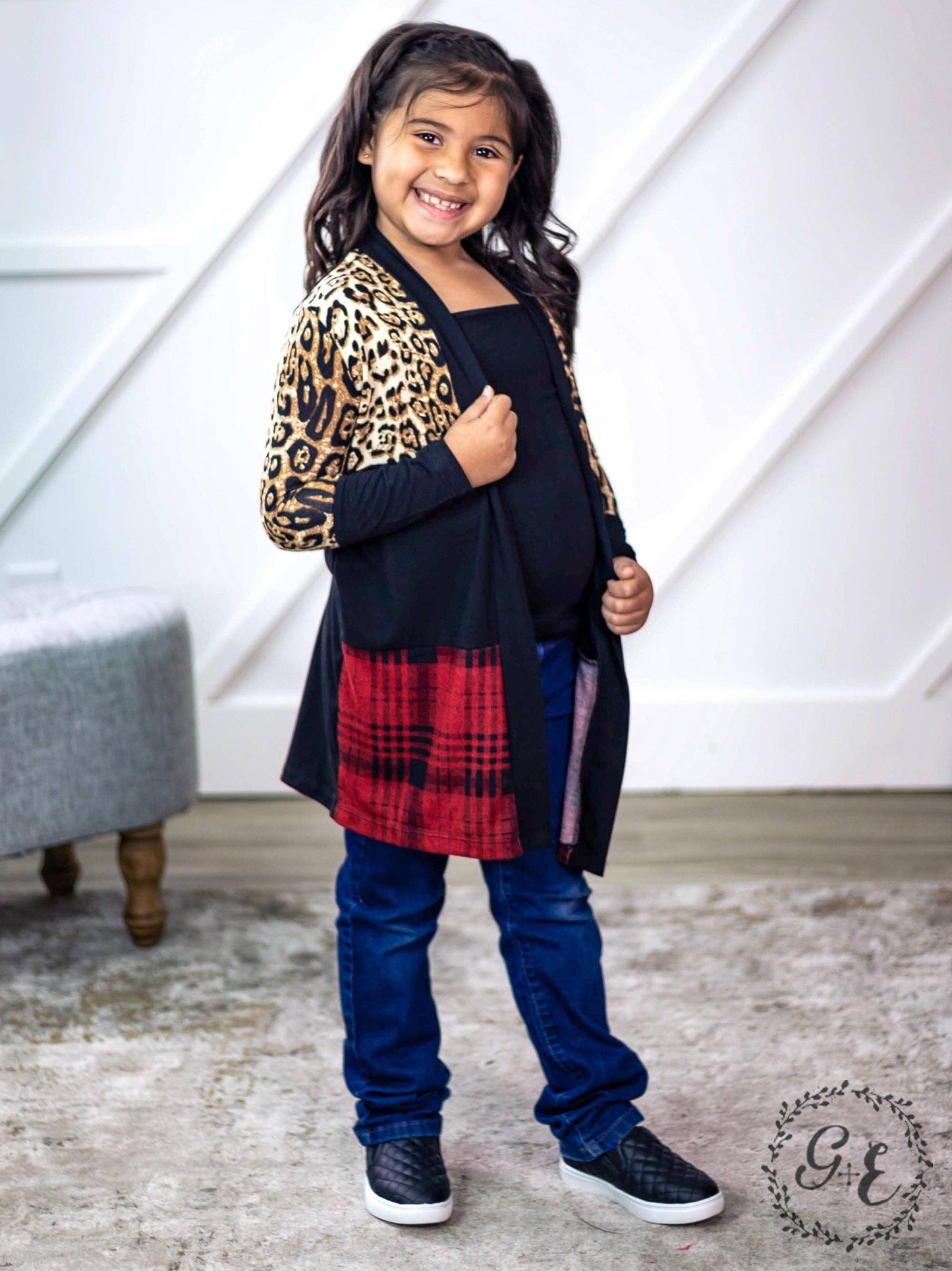 Girls' Chillin' Cardigan with Leopard and Plaid