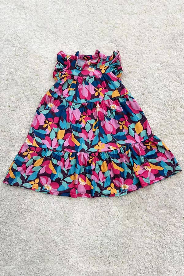 Floral printed sleeveless long style girls dress