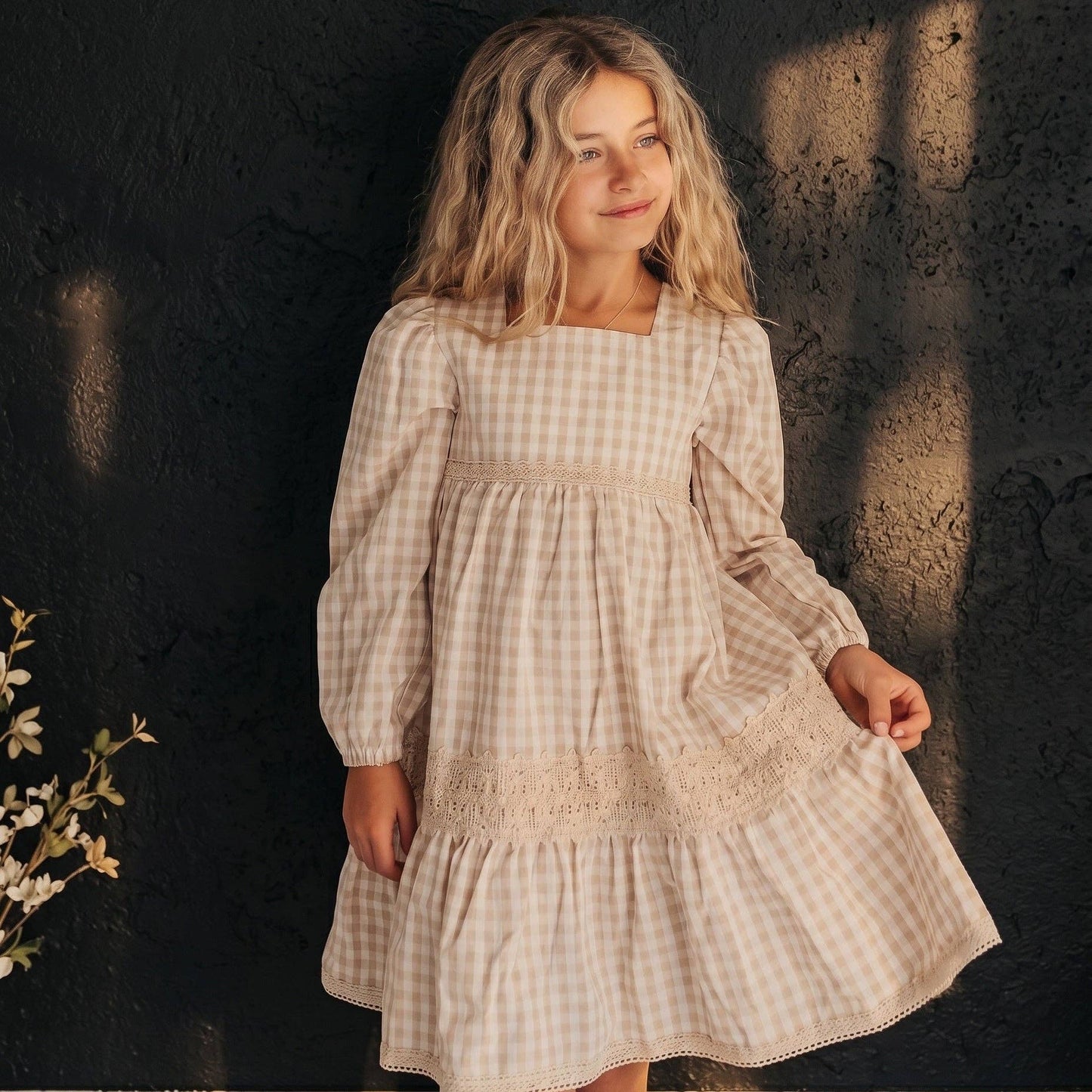Oopsie Daisy - Girls Tan Gingham & Vintage Lace Puff Sleeve Tiered Dress
