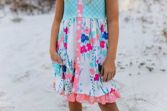 Sky Blue & Pink Floral Pocket Ruffle Spring Dress