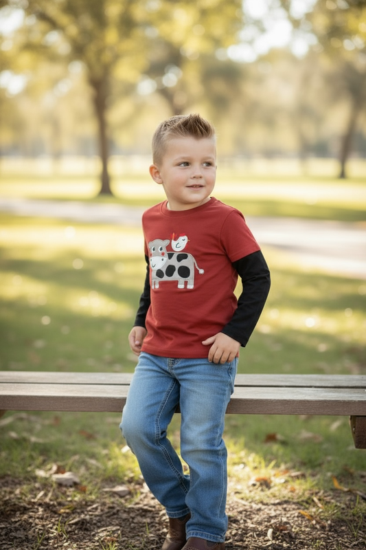 Cow applique long sleeve boys shirt.
