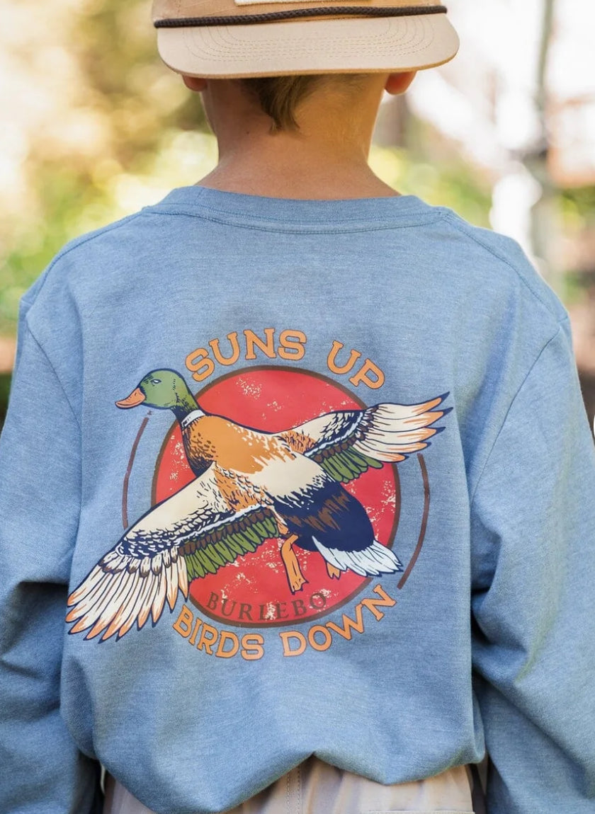 Youth Tee- Suns Up Birds Down- Heather Blue Jean