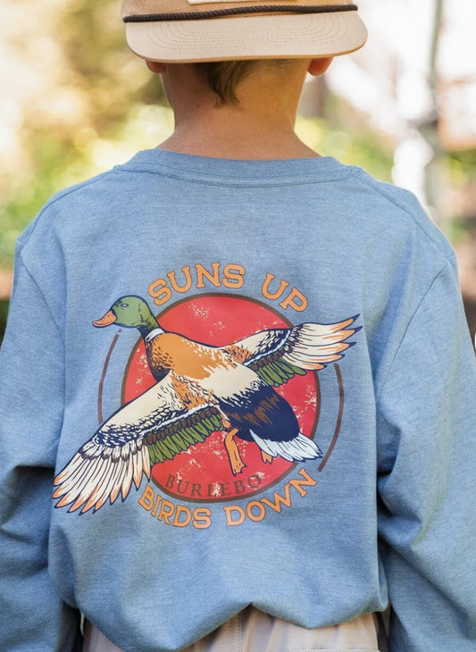 Youth Tee- Suns Up Birds Down- Heather Blue Jean