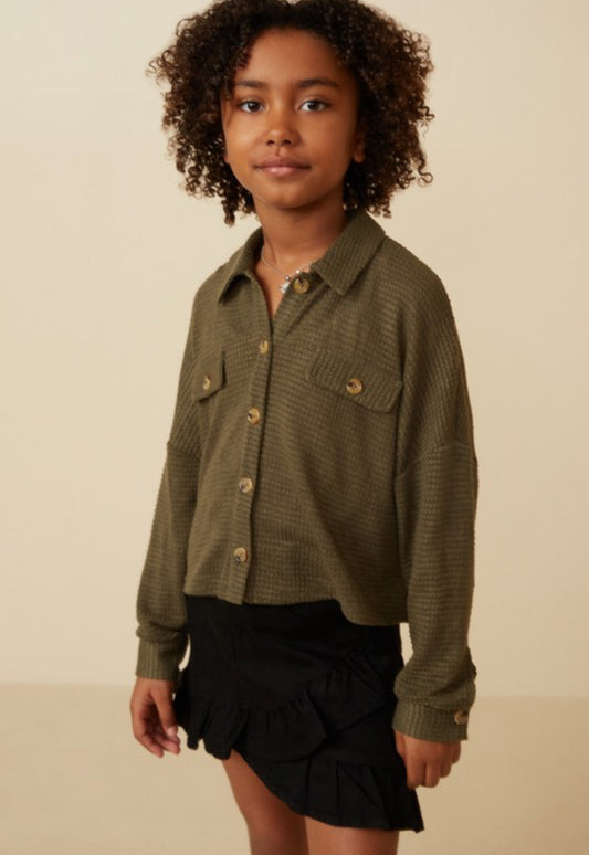 Girls Soft Waffle Knit Dolman Button Up Shirt