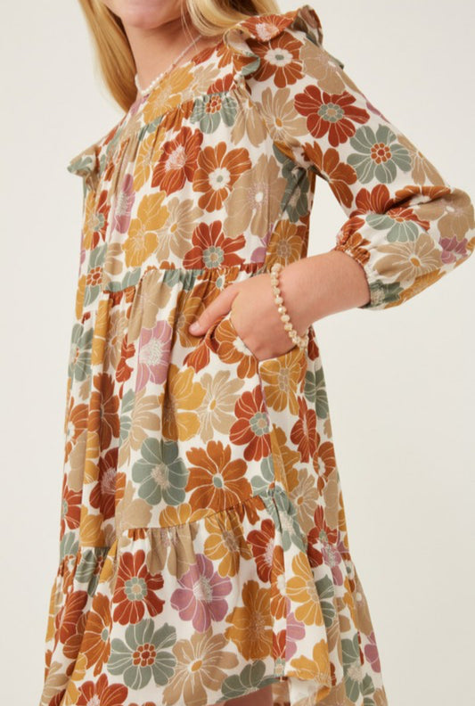 Girls Maxi Floral Print Ruffle Shoulder Dress