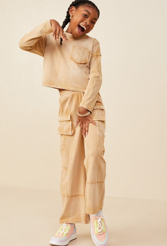 Washed Cargo Pocket Wide Leg Pant