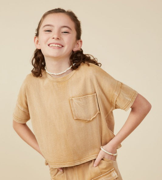 Girls Washed Raw Edge Detail Pocket T Shirt