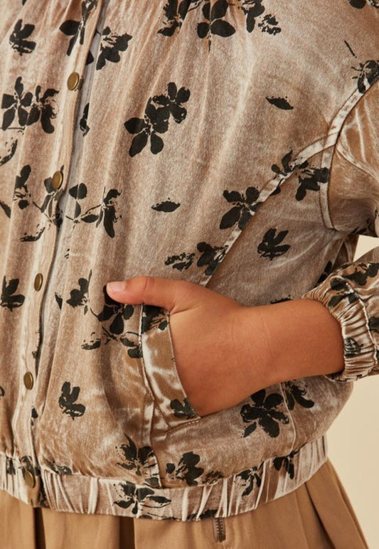 Girls Floral Print Twill Puff Sleeve Jacket