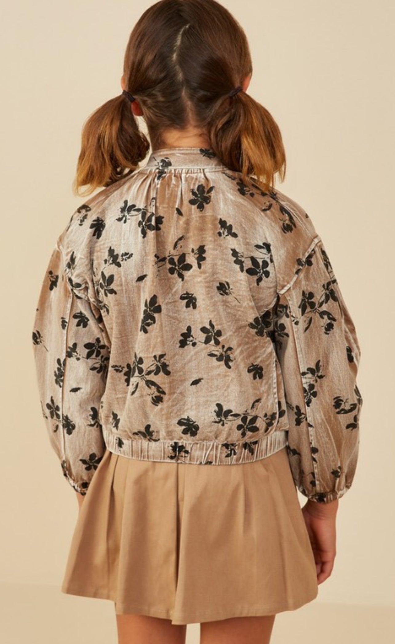 Girls Floral Print Twill Puff Sleeve Jacket