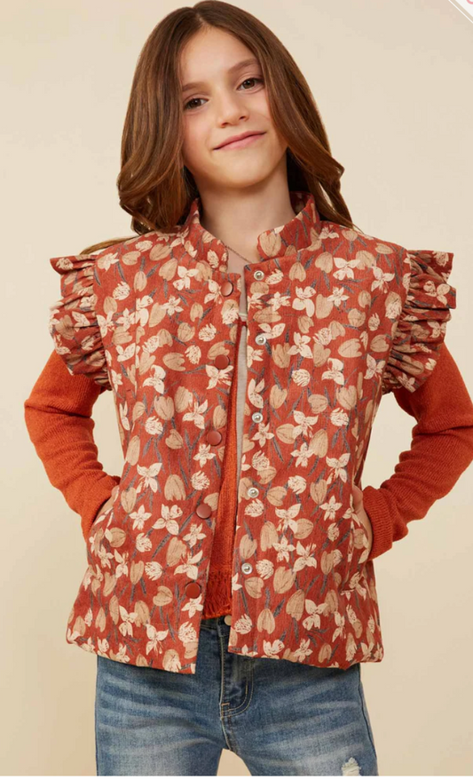 Girls Floral Ruffle Trim Puffer Vest