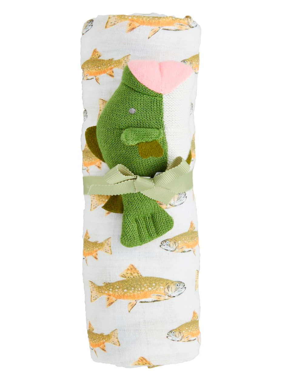 Mudpie Fish Swaddle and Rattle Set