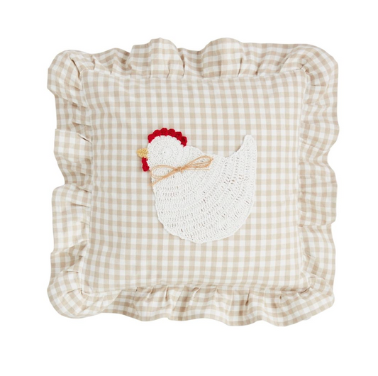 Chicken Gingham Crochet Pillow