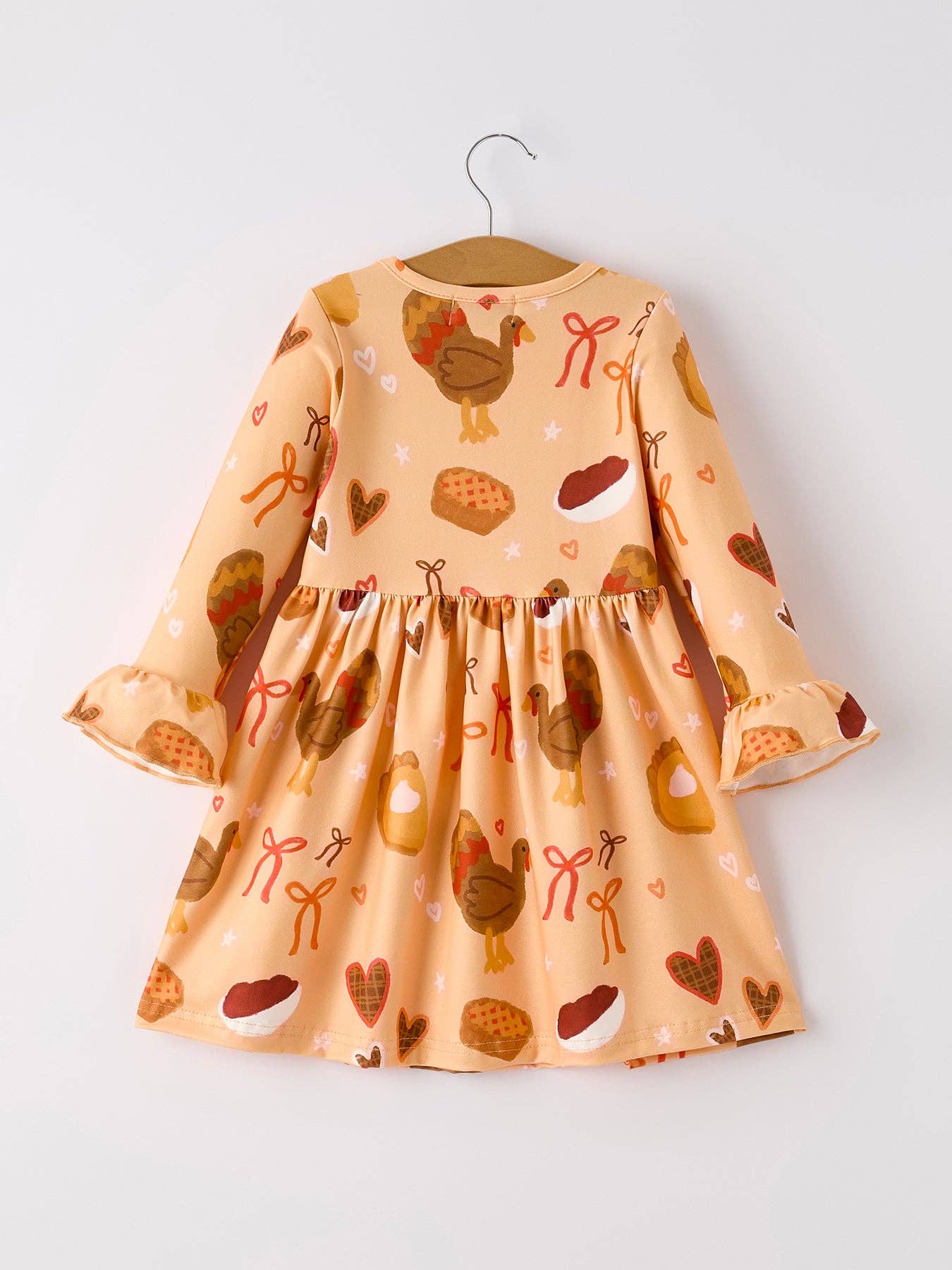 Rylee Faith Designs - Thanksgiving Day Turkey Pie Print Ruffle Sleeve Dress