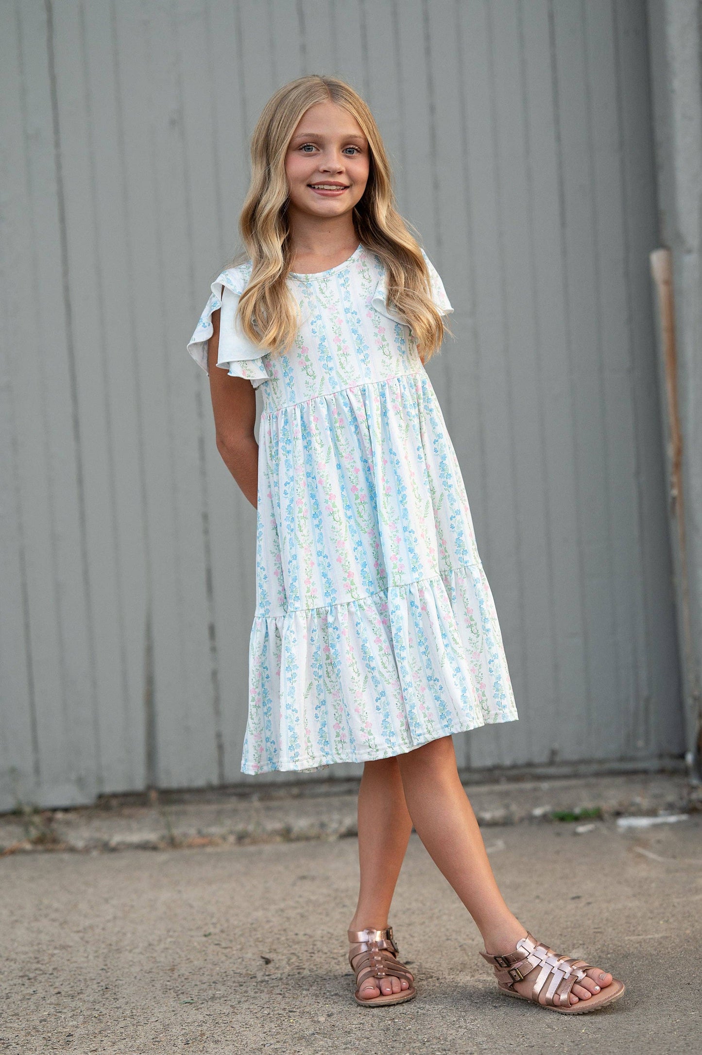 Emmy Dainty Pastel Floral Flutter Sleeve Twirl Dress